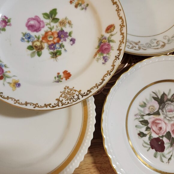 4- Mismatched Floral ~6.25" Fine China Dessert Cake Plates Gold Accents Porcelai - Picture 4 of 6